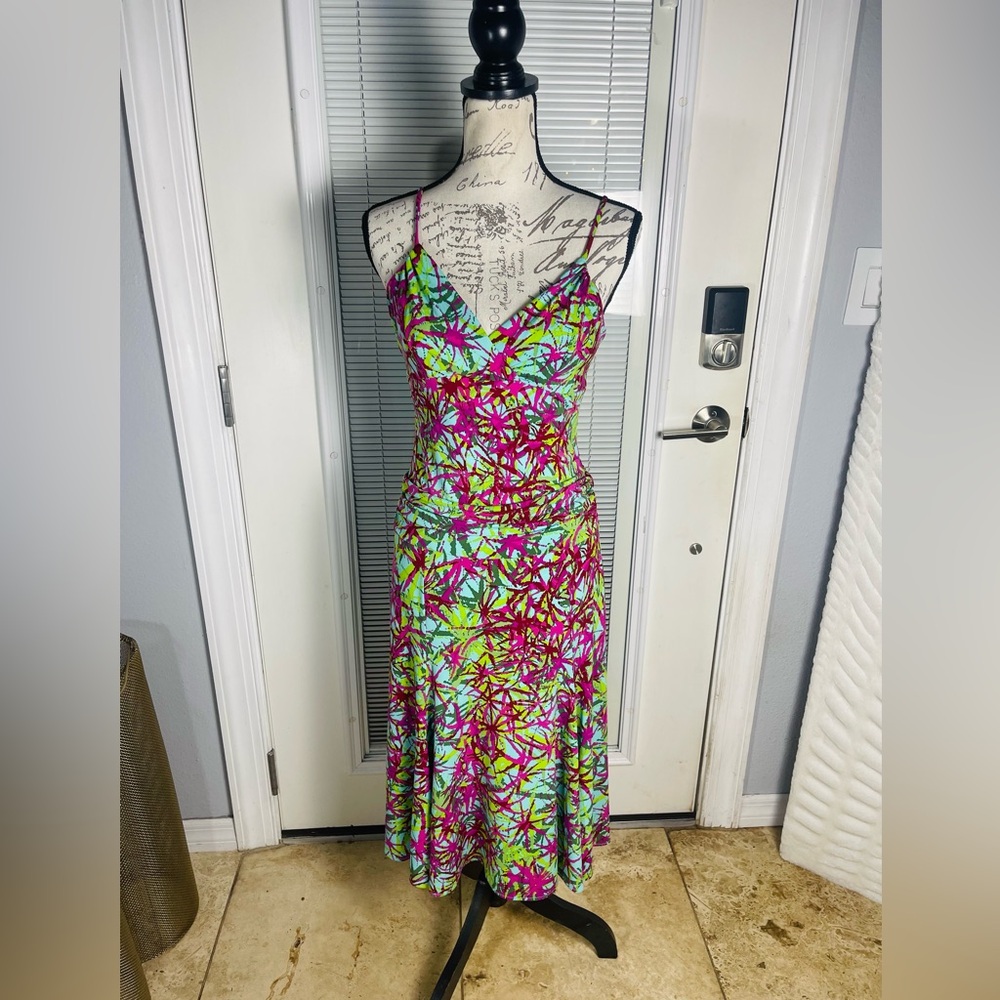 BCBGmaxazria Y2K Turquoise Multi Color Flare Drop Banded Waist Dress Sz M
